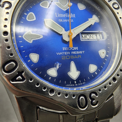 Ricoh Limelight Dive Watch Men 38mm Blue Dial Steel Daydate Round New Battery
