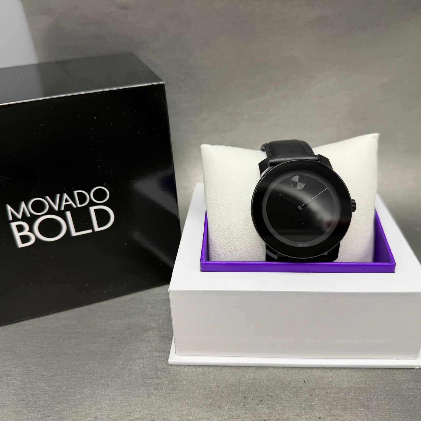 Movado Bold Watch Men 42mm Black Dial Black Tone Leather Band W/box New Battery0