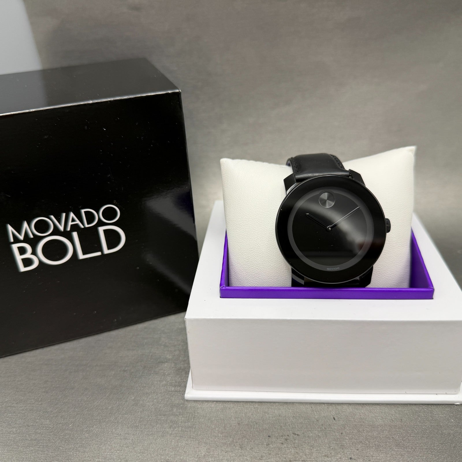 Movado Bold Watch Men 42mm Black Dial Black Tone Leather Band W/box New Battery0