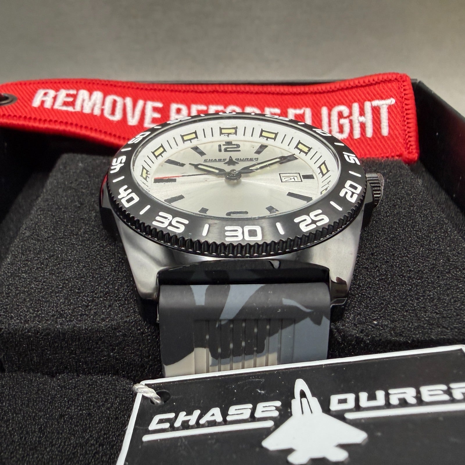 Chase Durer Dive Watch Men 46mm Silver Dial Black Tone Date Camo Band CDW-01772