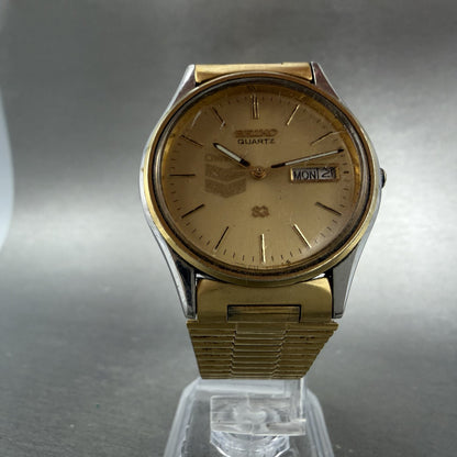 Seiko SQ Watch Men 35mm Gold Dial Two Tone Daydate 5H23-7B79 Round New BatteryI5