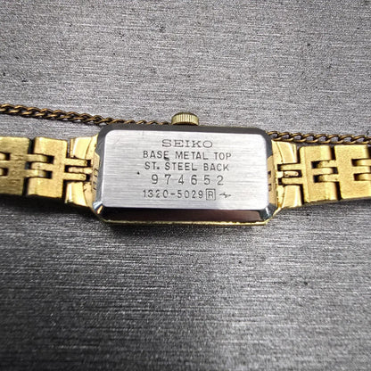 Seiko Watch Women 12mm Gold Dial Gold Tone Rectangle 1320-5029 New Battery VTG10