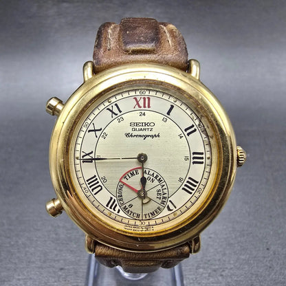 Seiko Alarm Chronograph Watch Men 35mm Champagne Dial Gold Tone 8M25-6009 PARTS0