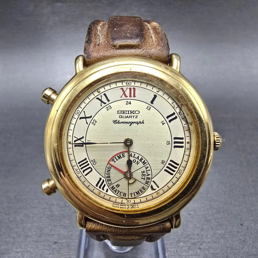 Seiko Alarm Chronograph Watch Men 35mm Champagne Dial Gold Tone 8M25-6009 PARTS0