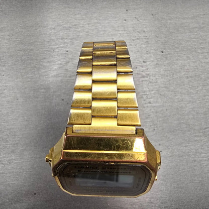 Casio A168 Digital Watch Men 35mm Gold Dial Gold Tone Chrono Alarm New Battery4