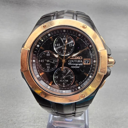 Seiko Coutura Chronograph Watch Men 39mm Black Dial Black Date 7T62-0FA0 NewBatt0