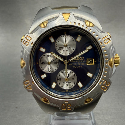 Seiko Chronograph Watch Men 40mm Blue Dial Two Tone Date 7T32-6M49 PARTS Vintage0