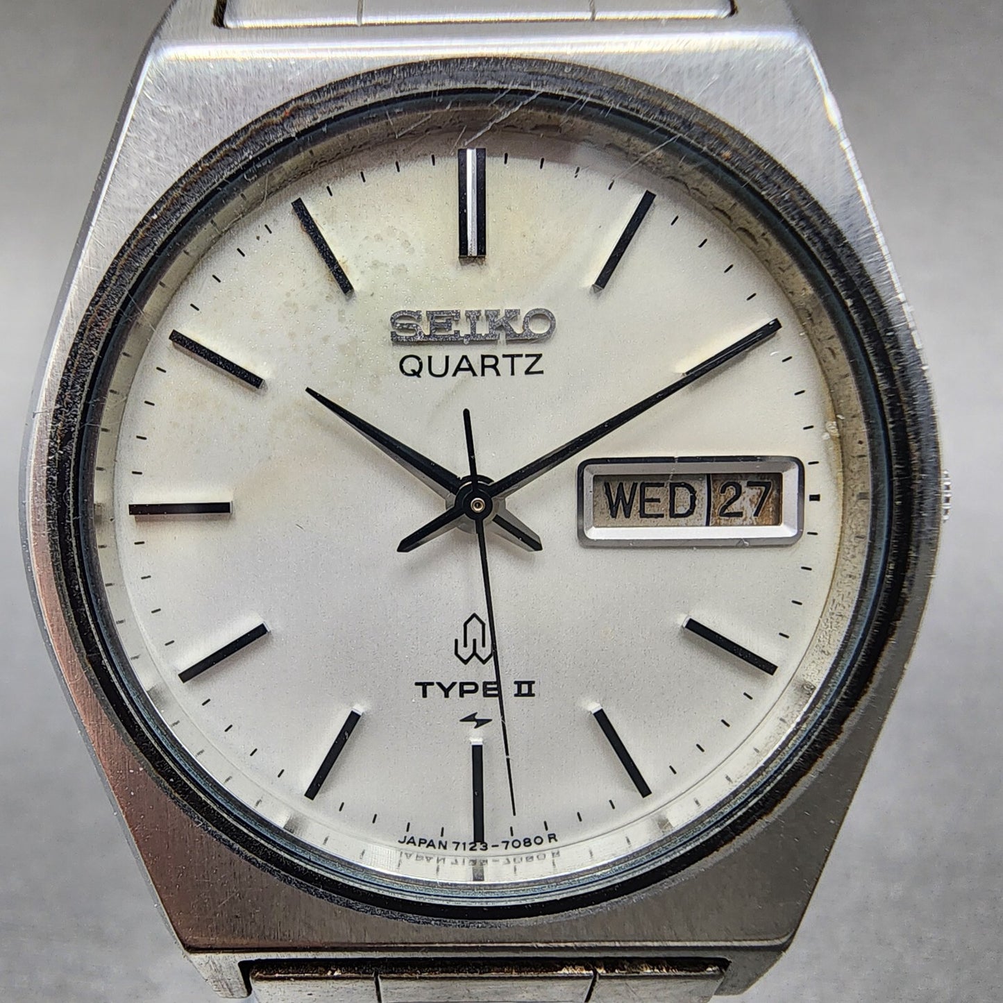 Seiko Type II Watch Men 34mm Silver Dial Silver Tone Daydate 7123-7080 PARTS