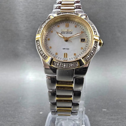 Citizen Eco-Drive Riva Watch Women 27mm MOP Dial Two Tone Gemmed E011-S044235 JP5