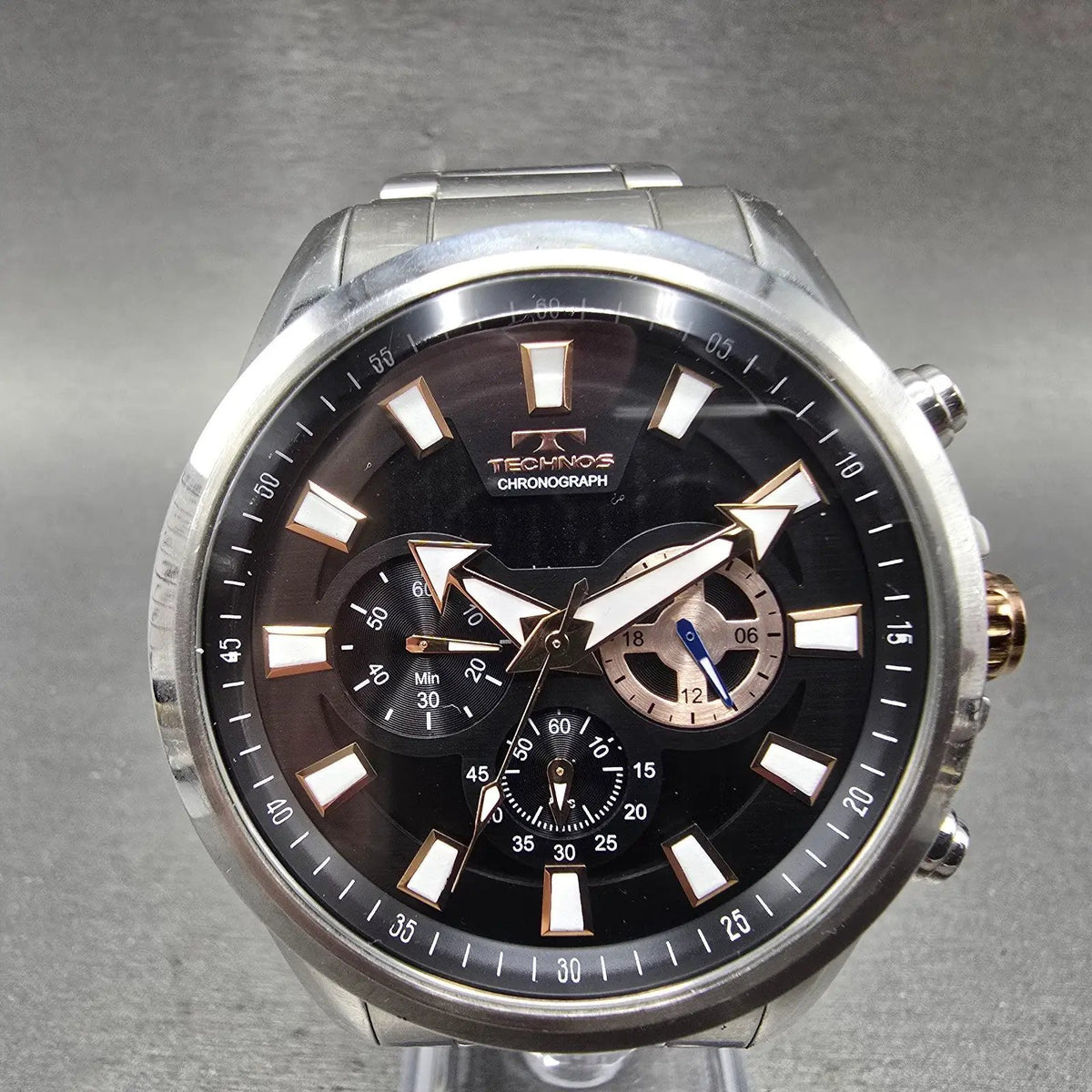 Technos Chronograph Watch Men 46mm Black Dial Silver Tone Round TSM616 New Batt0