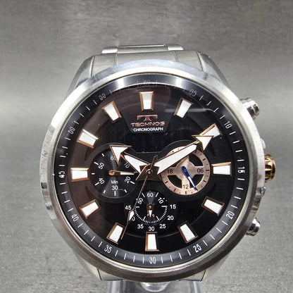 Technos Chronograph Watch Men 46mm Black Dial Silver Tone Round TSM616 New Batt0