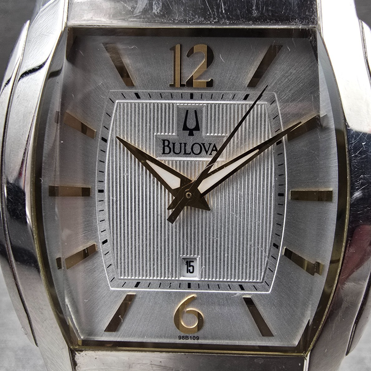 Bulova Tank Watch Men 38mm Silver Dial Two Tone Date Rectangle 98B109 New Batt1
