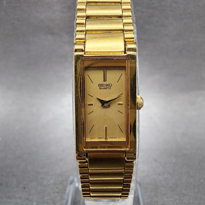 Seiko Tank Watch Women 13mm Champagne Dial Gold Tone 1e205519 New Battery0