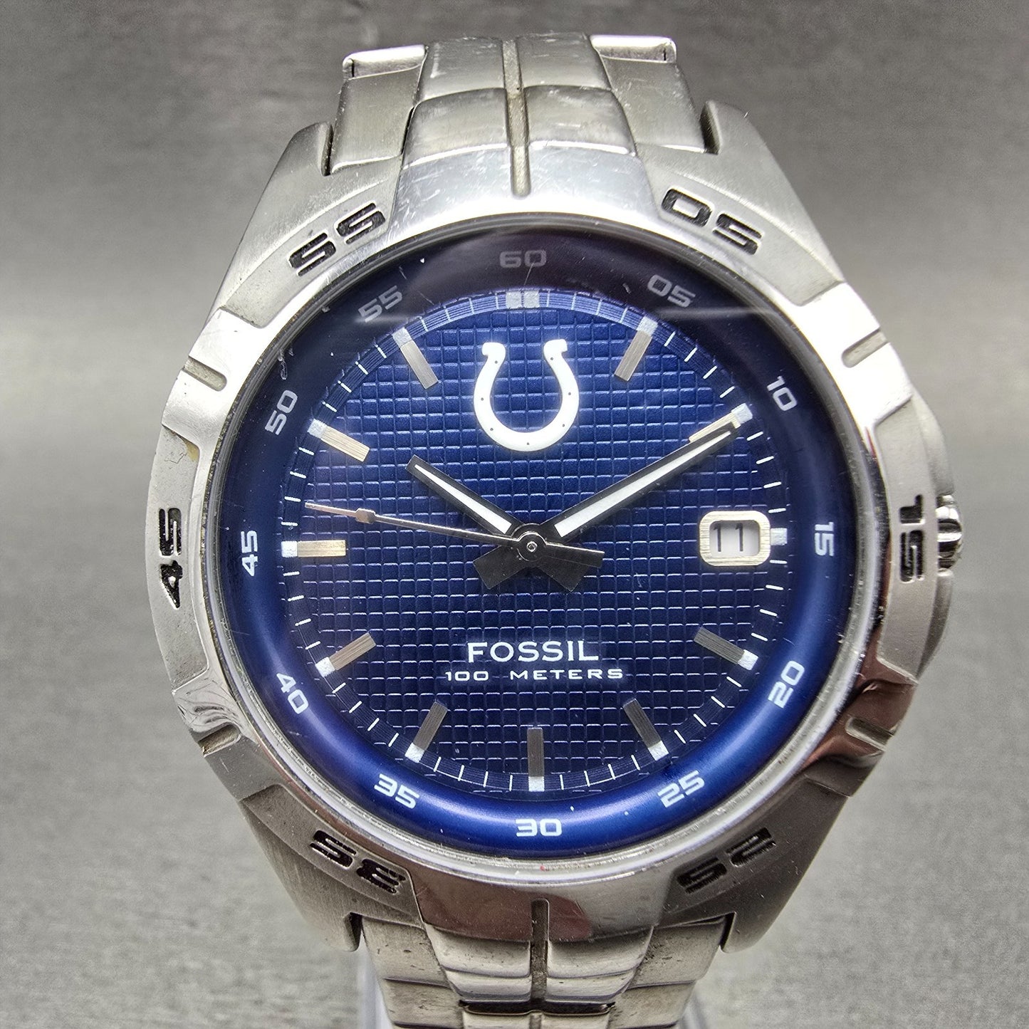 Fossil Colts Watch Men 40mm Blue Dial Silver Tone Date NFL-1086 New Battery0