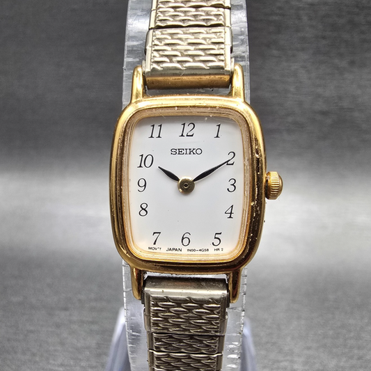 Seiko Watch Women 17mm White Dial Gold Tone Rectangle 1N00-5K29 New Battery0