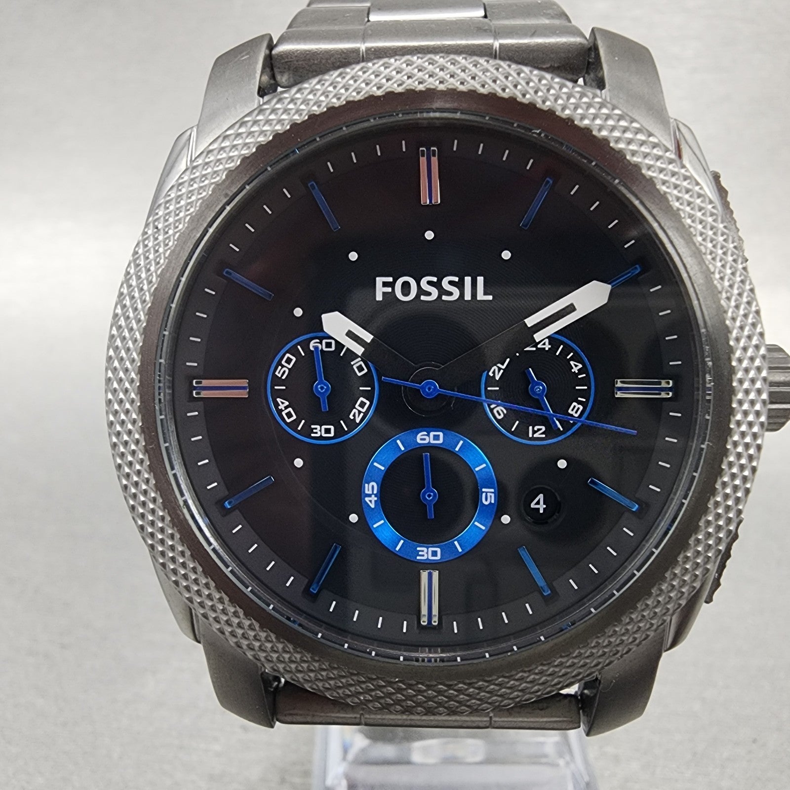 Fossil Machine Chronograph Watch Men 45mm Black Dial Gray Tone Date New Battery1