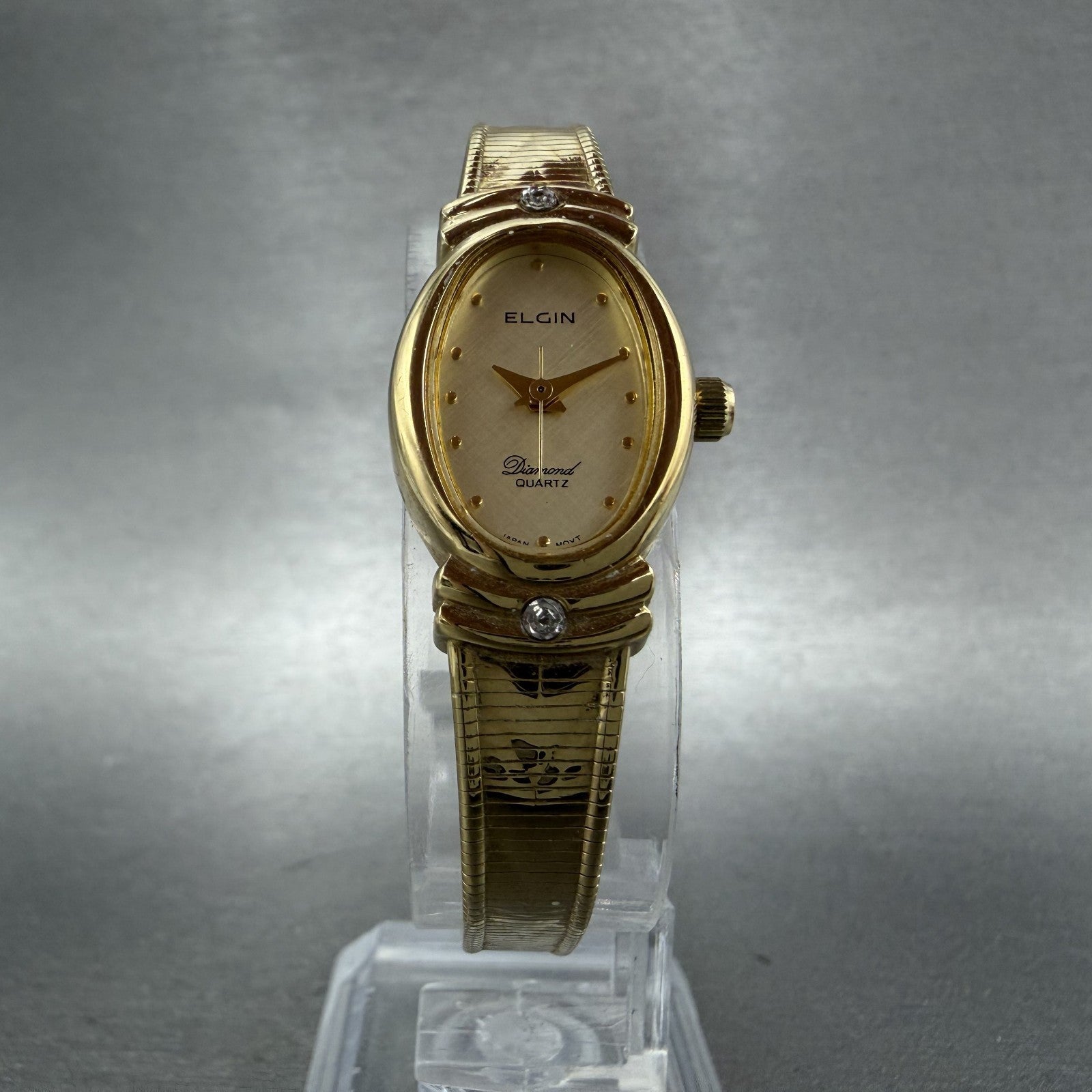 Elgin Watch Women 16mm Champagne Dial Gold Tone Oval Diamond Quartz New Batt ABC5