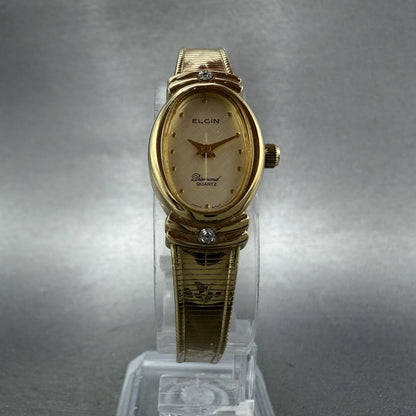Elgin Watch Women 16mm Champagne Dial Gold Tone Oval Diamond Quartz New Batt ABC5