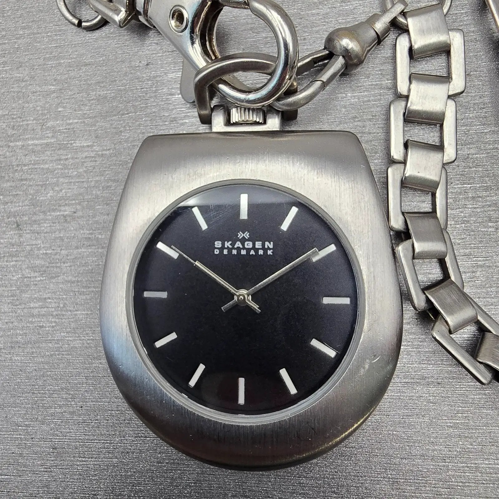 Skagen Denmark Pocket Watch Men 42mm Black Dial Silver Tone 163LSSB New Battery0
