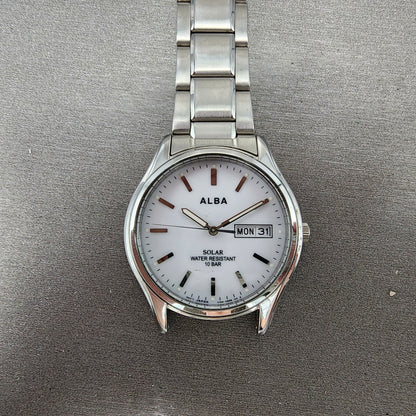 Seiko ALBA Solar Watch Men 36mm White Dial Silver Tone Daydate V158A PARTS0