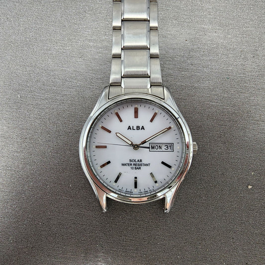 Seiko ALBA Solar Watch Men 36mm White Dial Silver Tone Daydate V158A PARTS0