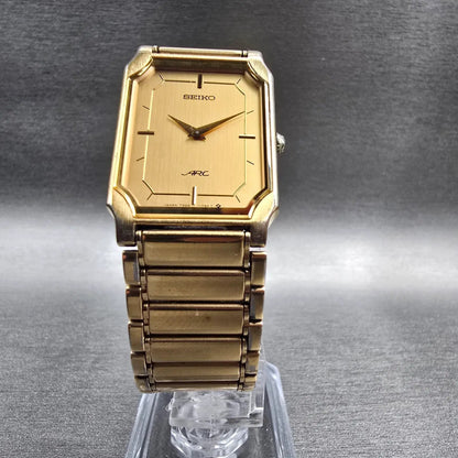Seiko Arc Tank Watch Men 22mm Gold Dial Gold Tone Rectangle 7320-6460 New Batt5