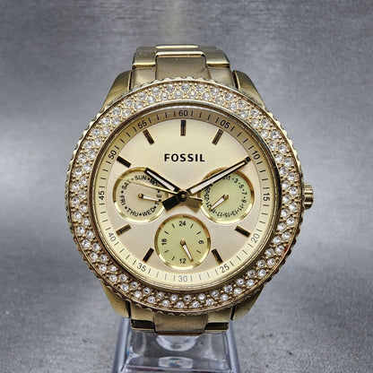 Fossil Stella Glitz Watch Women 37mm Champagne Dial Gold Tone Daydate New Batt0