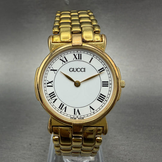Gucci 3400M Watch Unisex 31mm White Dial Gold Plated Round New Battery VTG0