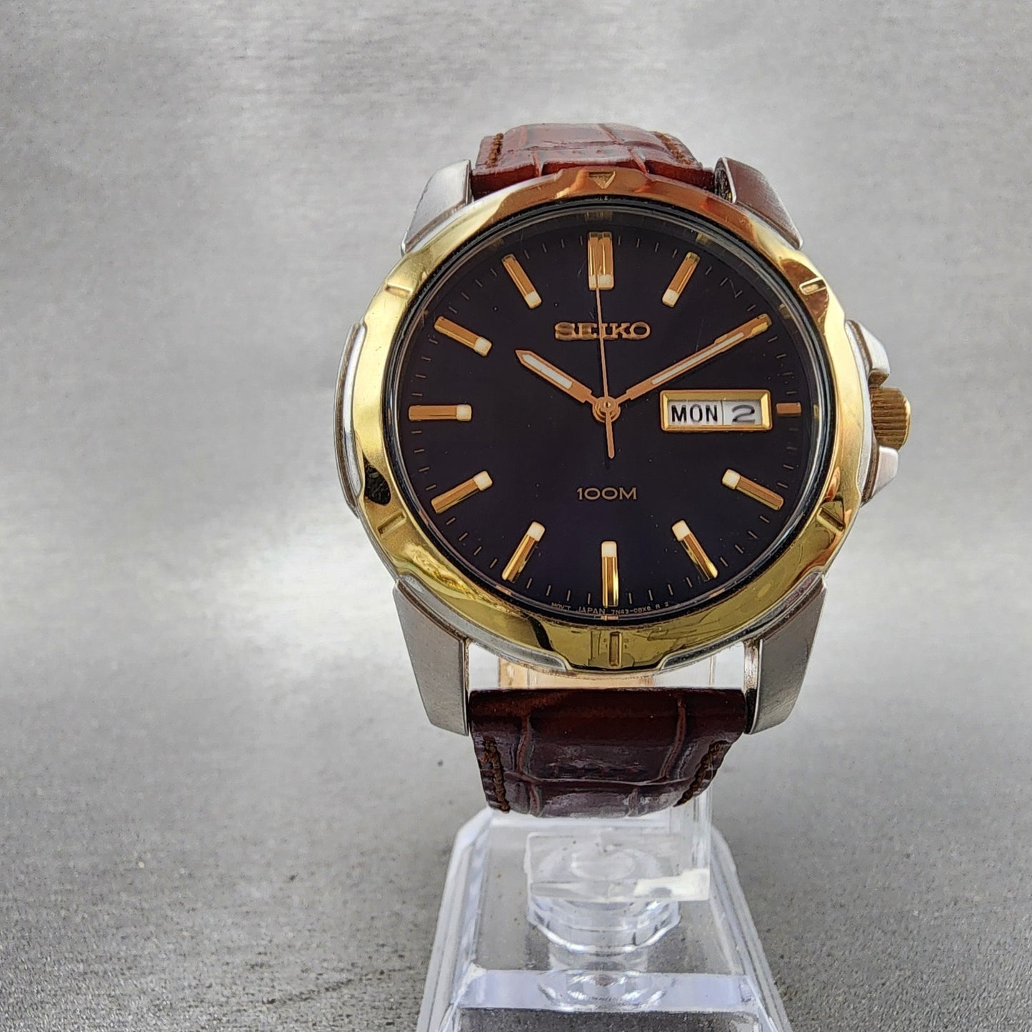 Seiko Watch Men 39mm Black Dial Two Tone Daydate Round 7n430az0 New Battery5