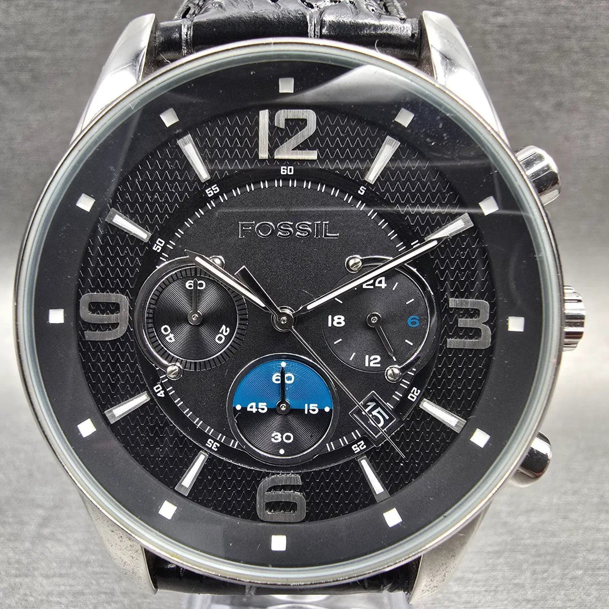 Fossil Chronograph Watch Men 46mm Black Dial Silver Tone Date FS-4387 New Batt1