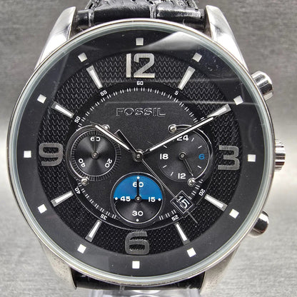 Fossil Chronograph Watch Men 46mm Black Dial Silver Tone Date FS-4387 New Batt1