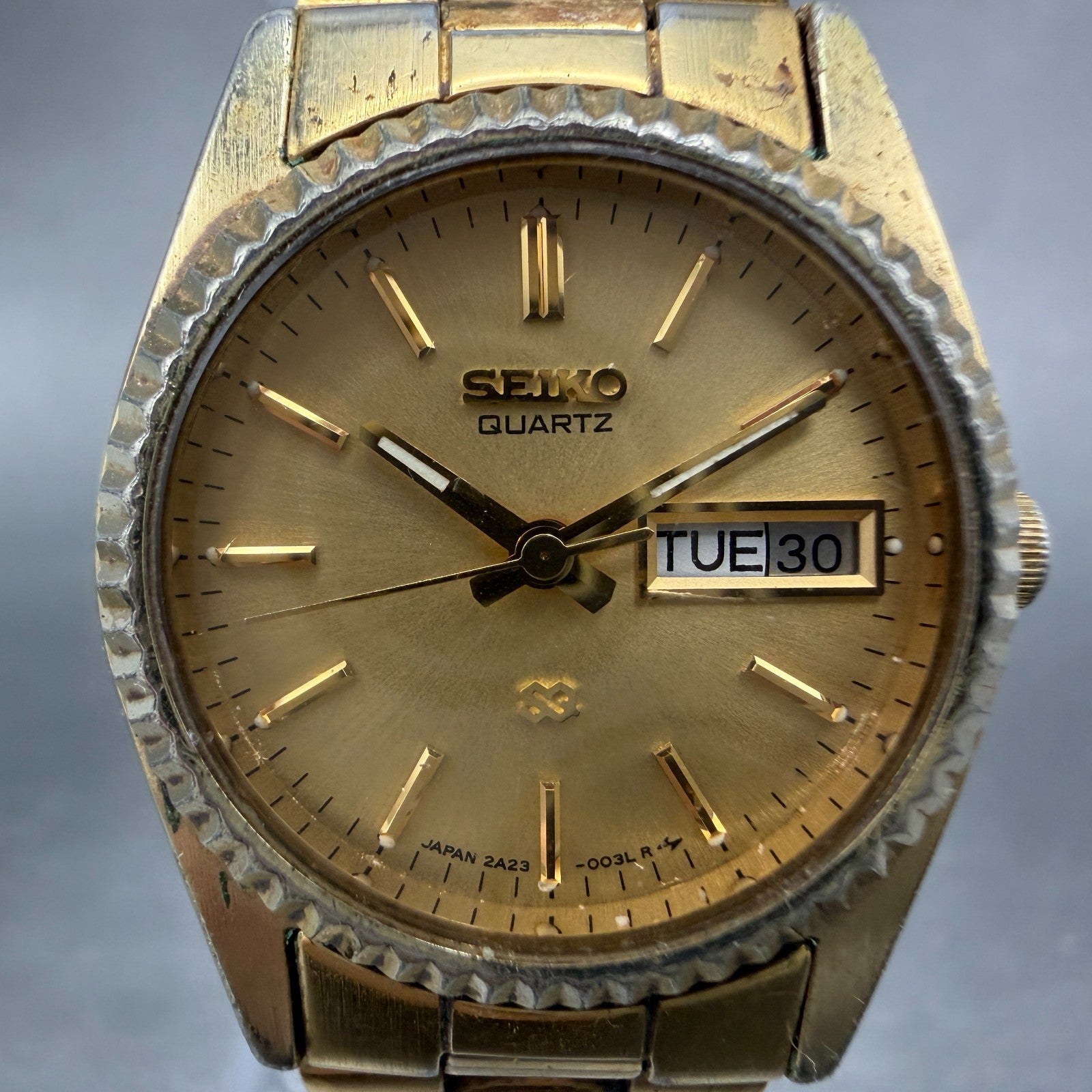 Seiko SQ Watch Women 25mm Gold Dial Gold Tone Daydate Round 2A23-0039 NewBat MG51