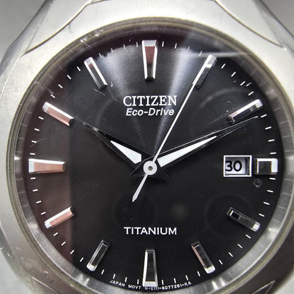 Citizen Eco-Drive Watch Men 38mm Black Dial Titanium Date E111-S049610 Runs GVHM1