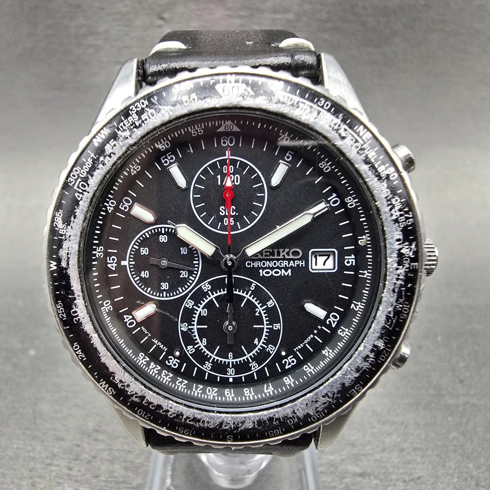 Seiko Flightmaster Chronograph Watch Men 40mm Black dial Steel Date New BatteryQ0
