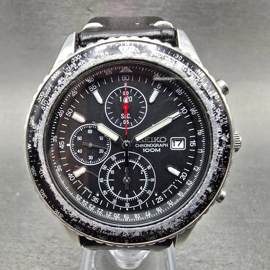 Seiko Flightmaster Chronograph Watch Men 40mm Black dial Steel Date New BatteryQ0
