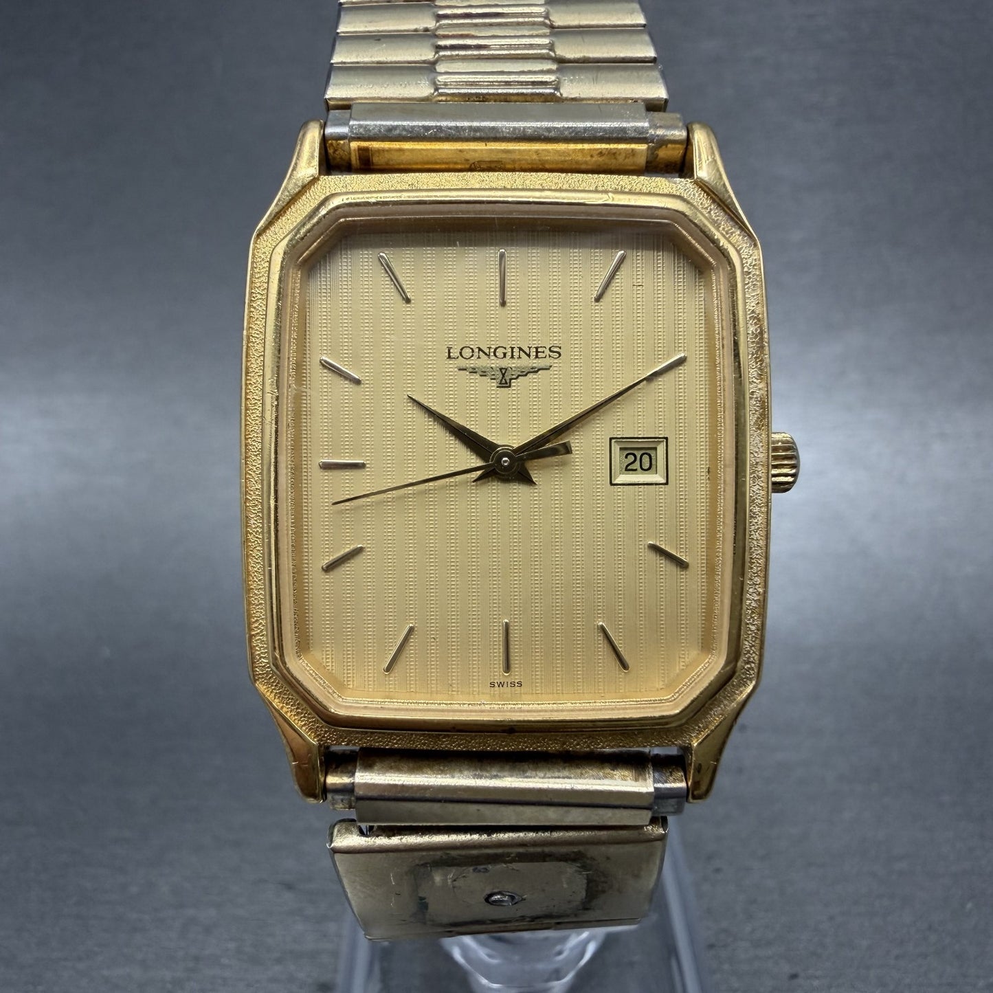 Longines Tank Watch Men 28mm Gold Dial Gold Tone Octagon Date L.7.985.2 PARTS0
