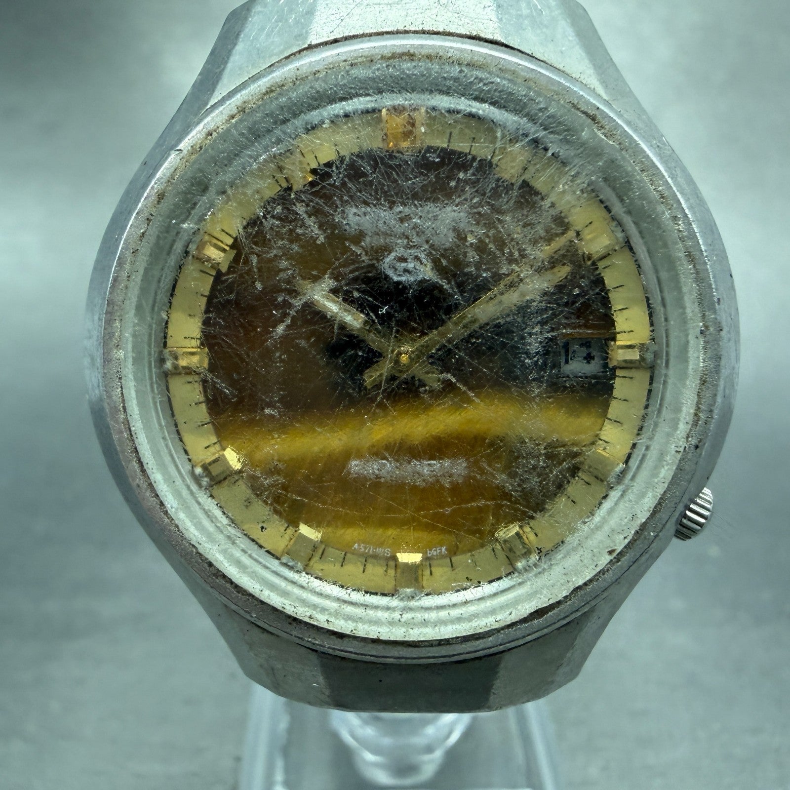 Ricoh Riquartz Watch Men 38mm Tiger Eye Dial Steel Date Round VTG PARTS0