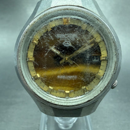 Ricoh Riquartz Watch Men 38mm Tiger Eye Dial Steel Date Round VTG PARTS0