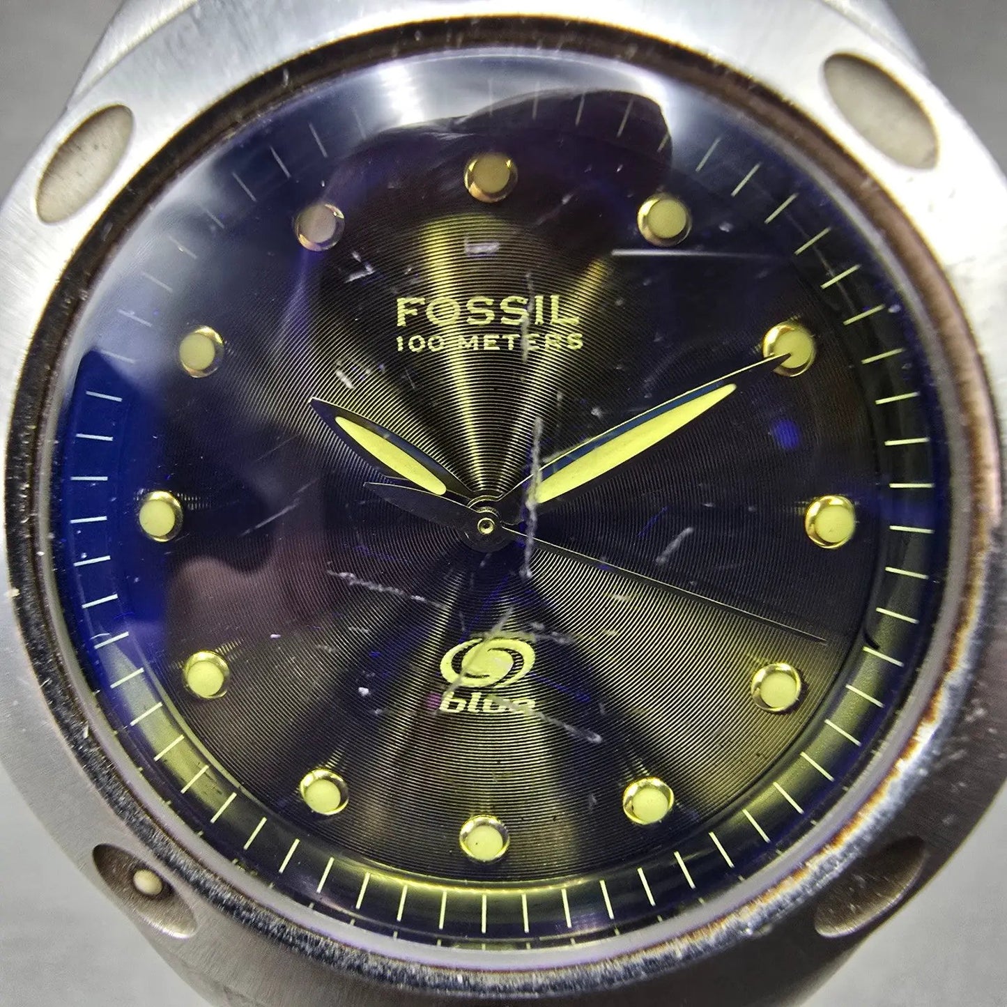 Fossil Blue Watch Unisex 35mm Black Dial Silver Tone Round AM-3390 New Battery1
