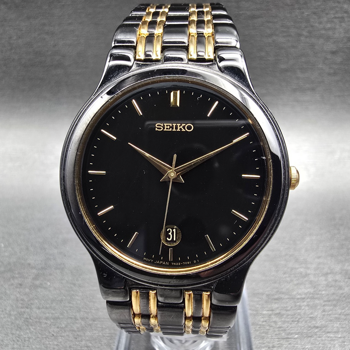 Seiko Watch Men 34mm Black Dial Black & Gold Date Round 7N22-7041 New Battery JP0