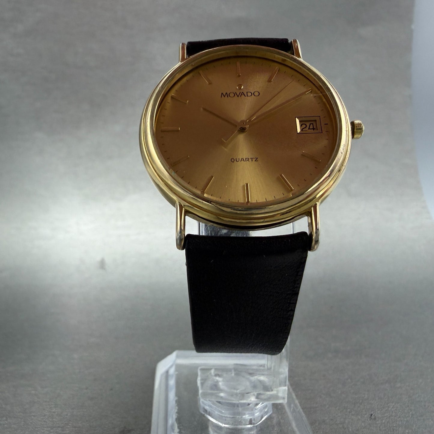 Movado Watch Men 34mm Gold Dial Gold Tone Date Round 87-A4-885 Leather New Batt5