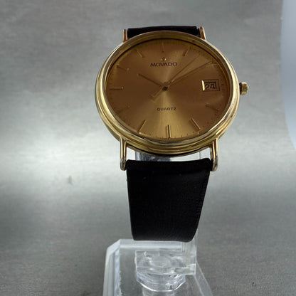 Movado Watch Men 34mm Gold Dial Gold Tone Date Round 87-A4-885 Leather New Batt5