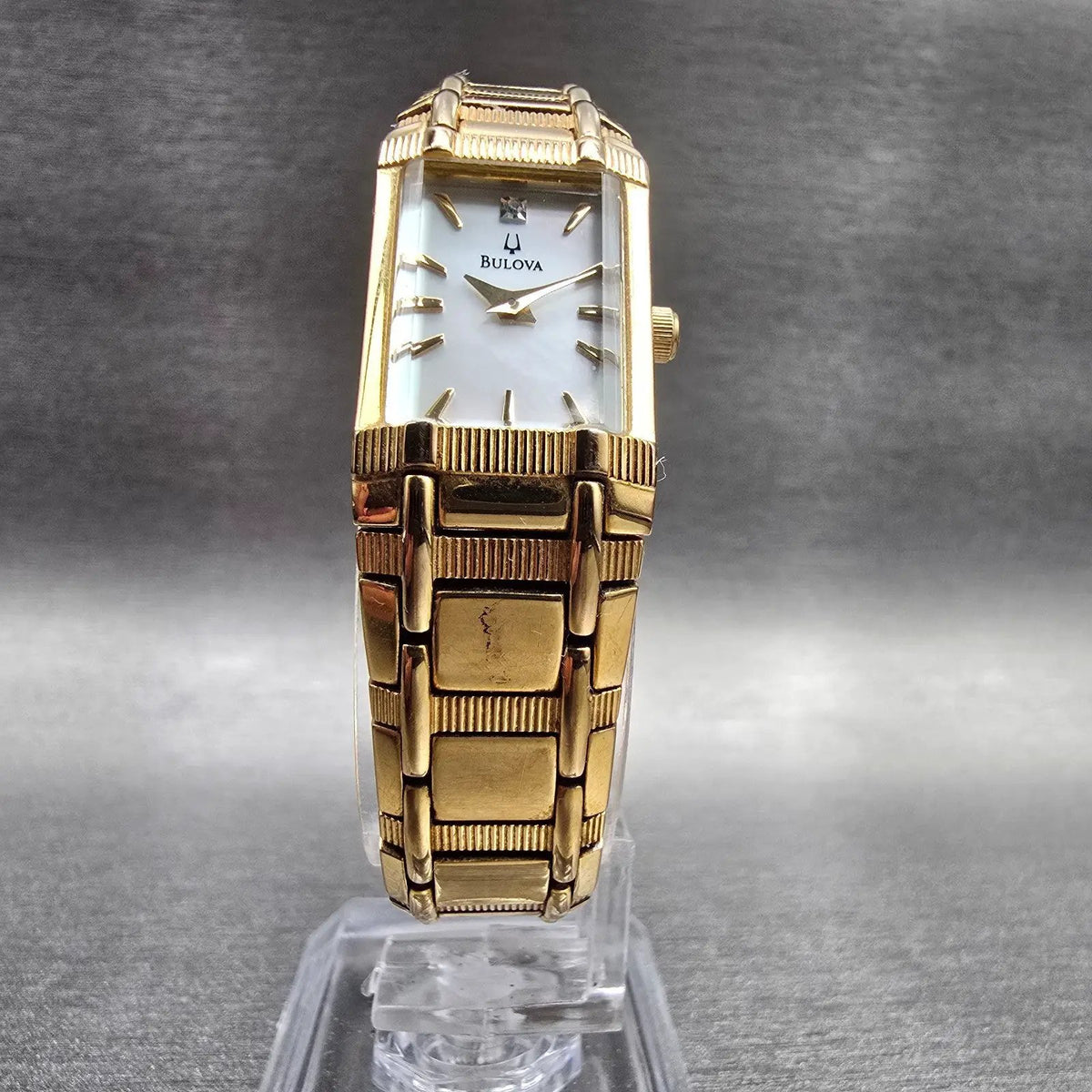 Bulova Tank Watch Women 15mm MOP Dial Gold Tone Rectangle 97Y00 New Battery5