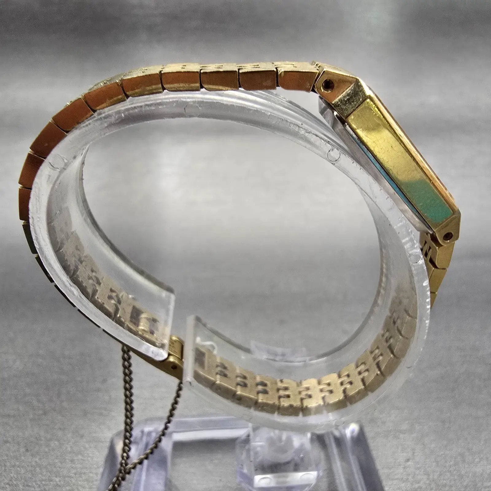 Seiko Watch Women 12mm Gold Dial Gold Tone Rectangle 1320-5029 New Battery VTG D8