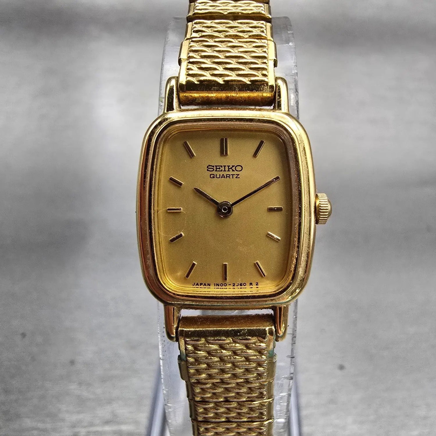 Seiko Watch Women 17mm Gold Dial Gold Tone Rectangle 1N00-5K29 New Battery VTG F0