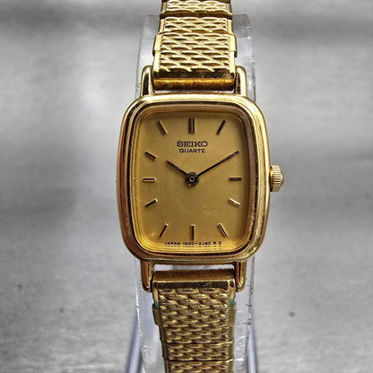 Seiko Watch Women 17mm Gold Dial Gold Tone Rectangle 1N00-5K29 New Battery VTG F0