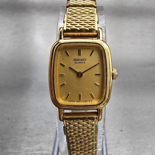 Seiko Watch Women 17mm Gold Dial Gold Tone Rectangle 1N00-5K29 New Battery VTG F0