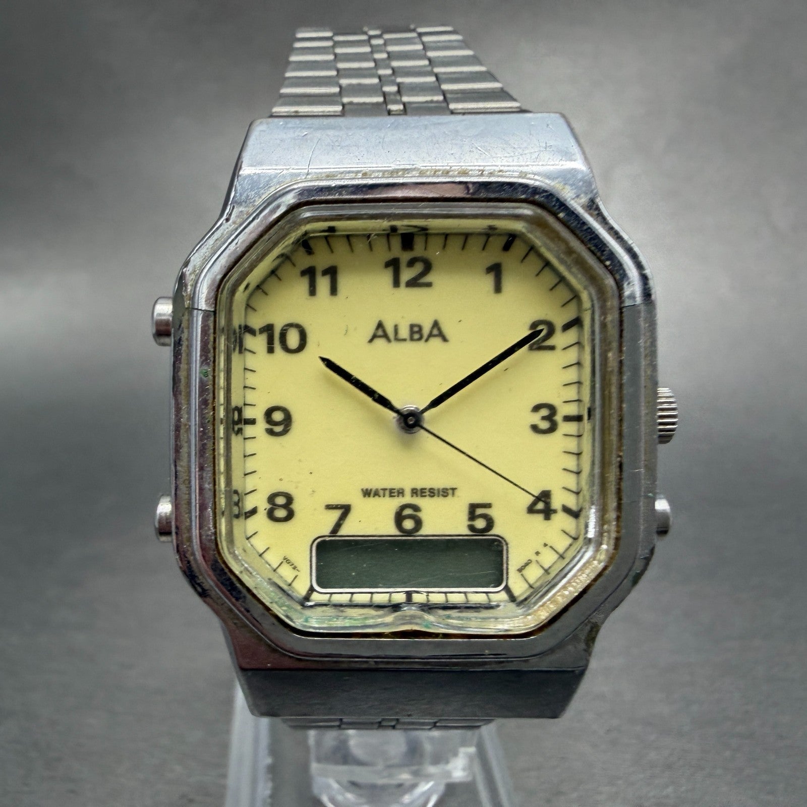 Seiko ALBA Analog Digital Watch Men Luminous Dial Silver Tone V072-5020 PARTS0