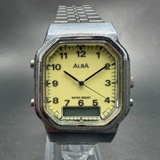 Seiko ALBA Analog Digital Watch Men Luminous Dial Silver Tone V072-5020 PARTS0