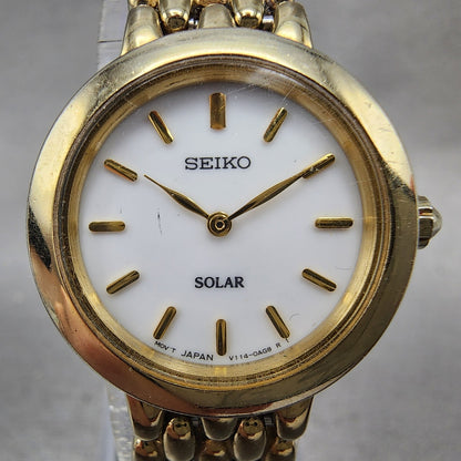 Seiko Solar Watch Women 24mm White Dial Gold Tone Round V1140AE0 Runs1